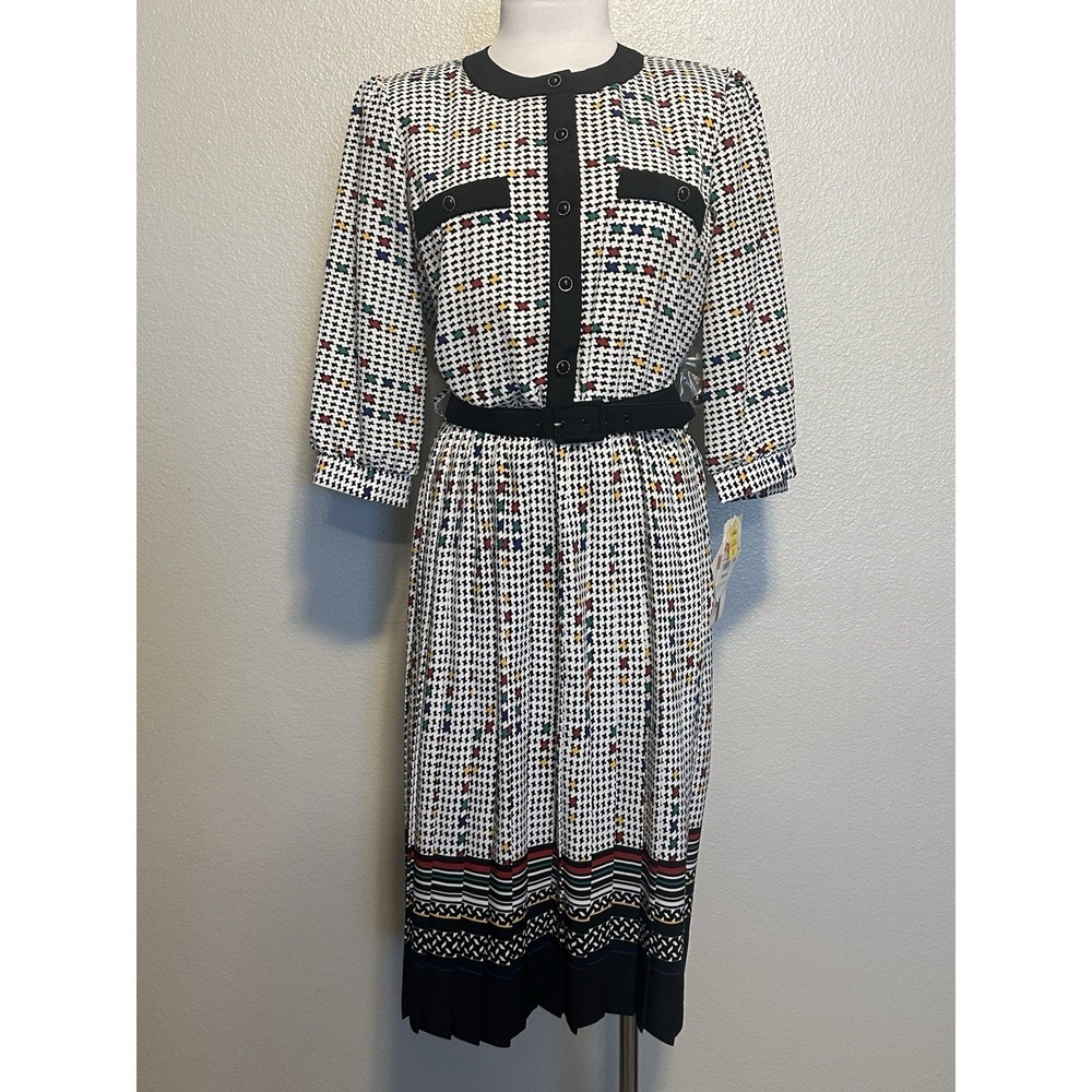 VTG Breli Originals Women Black White Houndstooth Dress Pleated Belted sz 6‎ NWT